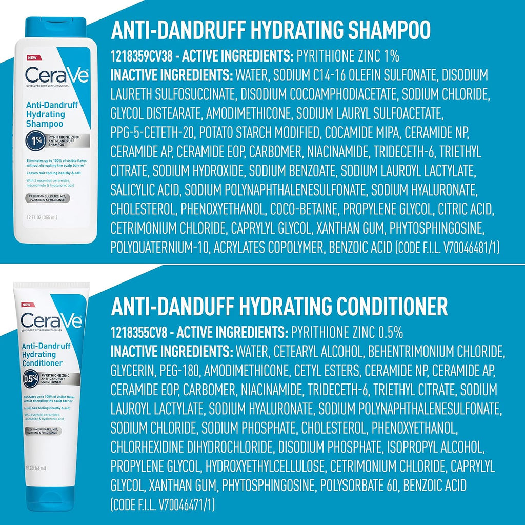 CeraVe Hydrating Anti Dandruff Shampoo and Conditioner Set. Pyrithione Zinc Dandruff Treatment With Ceramides. Hyaluronic Acid & Niacinamide. Helps Elimanate Flakes & Reduce Itchy Scalp